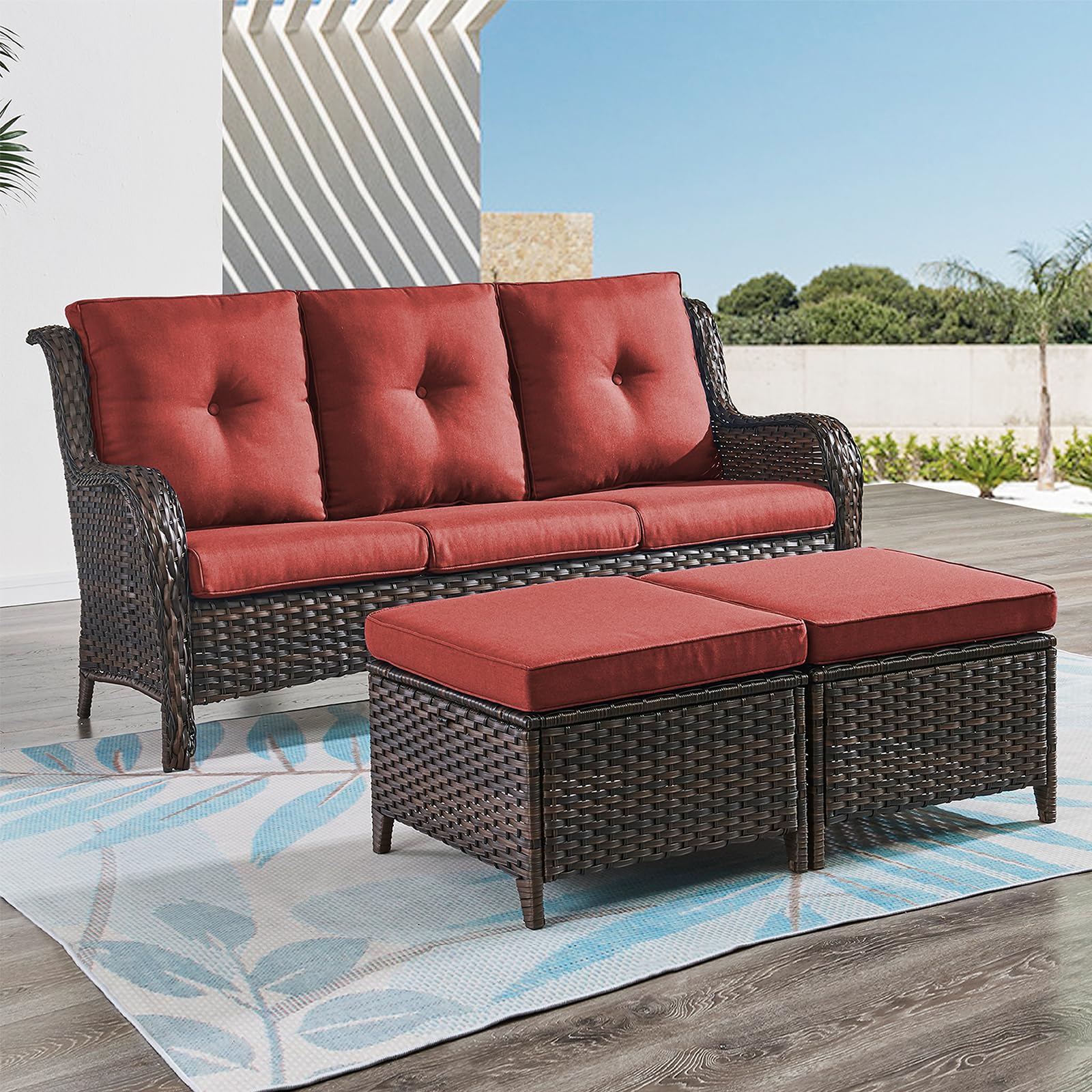 Rilyson Outdoor Ottoman Wicker Patio Ottomans - 2 Piece Footrest Footstools Set Rattan Outdoor Ottomans for Patio with Thick Cushions(Brown/Red)