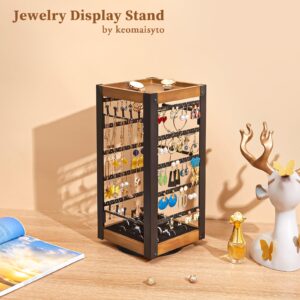 keomaisyto Rotating Earring Holder, Jewelry Holder Organizer with Ring Tray/Necklace/Bracelet Hooks, 360°Earring Organizer with Stable Bamboo Base for Jewelry Display (Patent Pending)