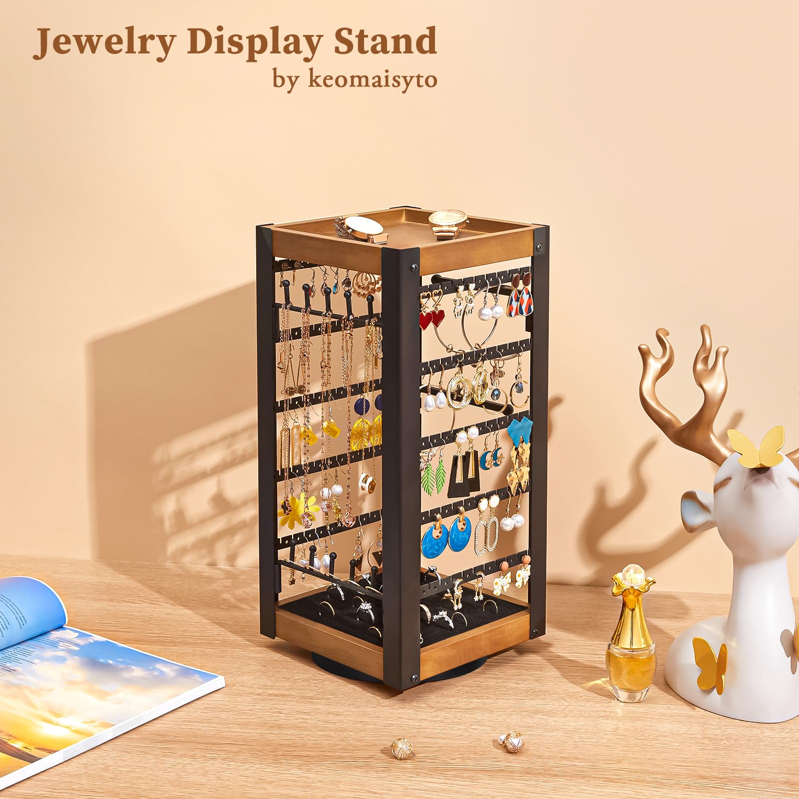 keomaisyto Rotating Earring Holder, Jewelry Holder Organizer with Ring Tray/Necklace/Bracelet Hooks, 360°Earring Organizer with Stable Bamboo Base for Jewelry Display (Patent Pending)