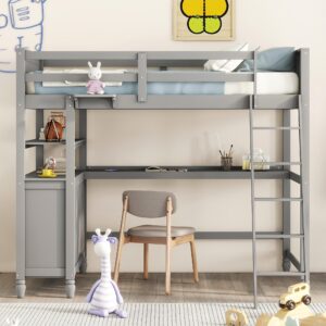 MERITLINE Twin Size Loft Bed with Desk and Dresser, Wooden Loft Bed with Storage Drawers and Shelves for Kids Teens Boys Girls,No Box Spring Needed,Grey