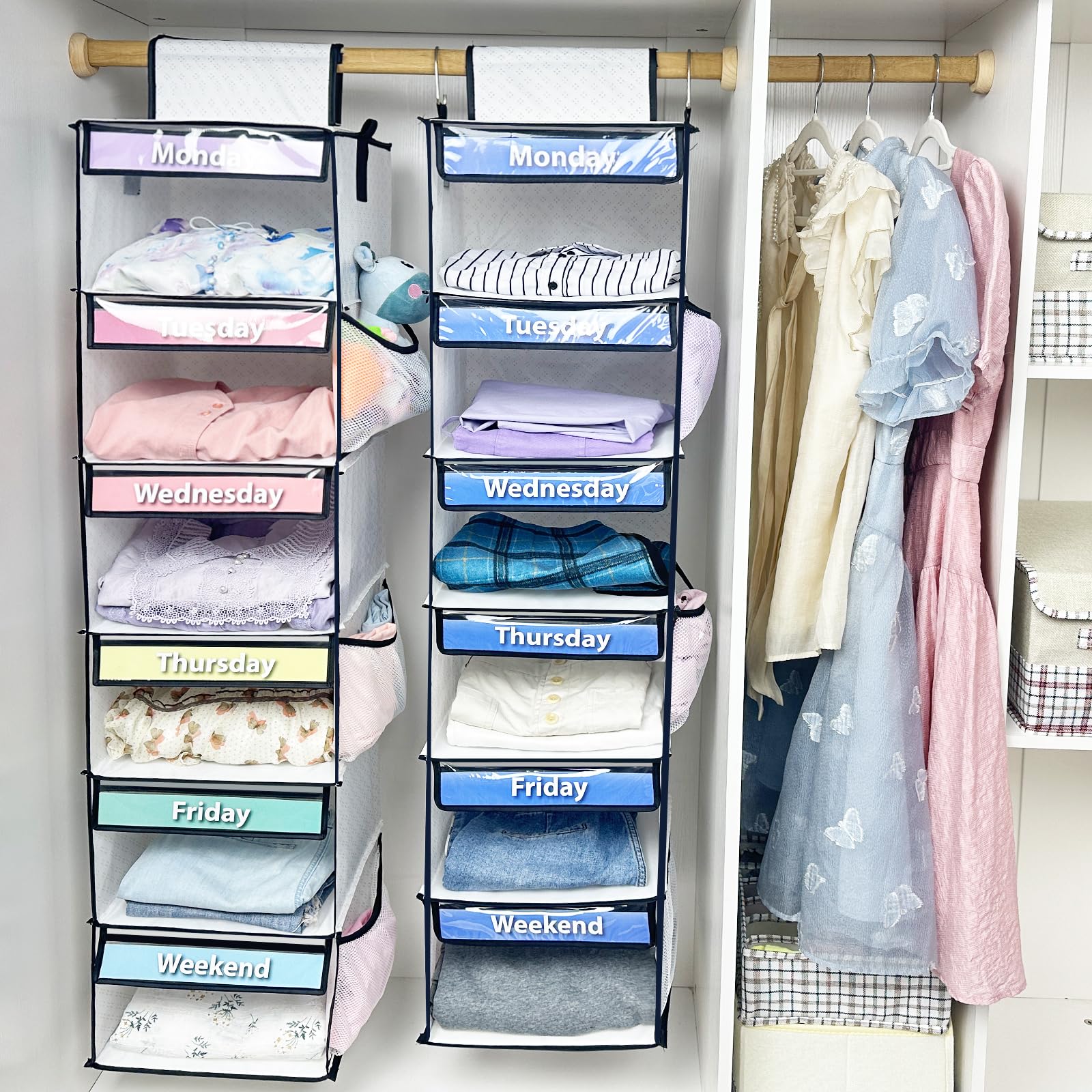 homyfort 6-Shelf Weekly Hanging Closet Clothes Organizer for Kids, Days of The Week Clothes Organizer for Closet, Sturdy Oxford Kids Closet Organizers and Storage (White)