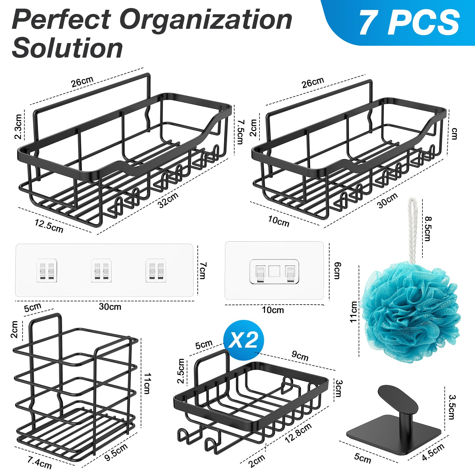 JELLYMONI Shower Caddies 7 PCS Black Stainless Steel Shower Shelves Adhesive Shower Organizer Extra Large Capacity Bathroom Shower Storage Rack Decor With Bath Sponges Towel Hooks