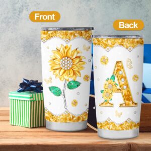 Initial A Tumbler Mug Gifts,Monogrammed Sunflower Gifts for Women,Personalized Gifts,Personalized Tumbler Cup for Wedding Birthday Graduation Party,Unique Initial Gifts for Women Her Mom Teacher 20oz