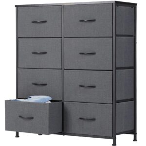 dresser for bedroom, tall storage drawers, fabric storage tower with 8 drawers, chest of drawers with fabric bins, sturdy metal frame, wood tabletop for kids room, closet, entryway, nursery, grey