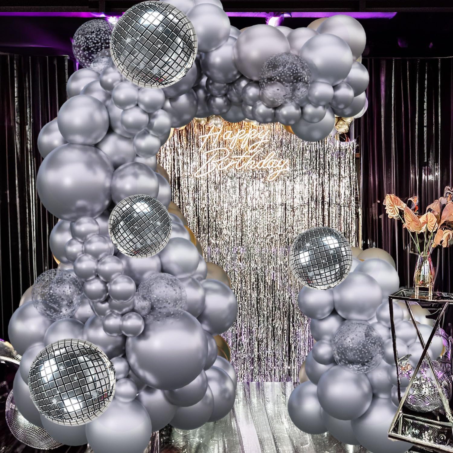 Disco Ball decorations 124Pcs Silver balloon Garland Metallic Silver Confetti balloon arch kit Chrome silver balloon for Disco party 50th 60th Birthday Graduation Galaxy Alien Party