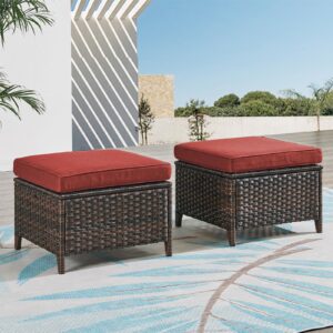 Rilyson Outdoor Ottoman Wicker Patio Ottomans - 2 Piece Footrest Footstools Set Rattan Outdoor Ottomans for Patio with Thick Cushions(Brown/Red)