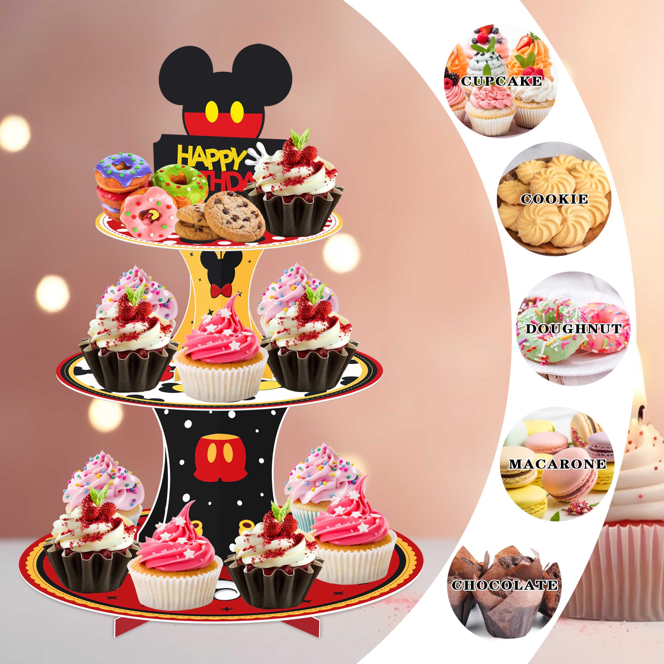 MOAXMOA Mouse Cupcake Stand 3-Tier Cupcake Stand Cartoon Mouse Birthday Party Supplies Mouse Decorations for Girls Boys Kids Birthday Baby Shower