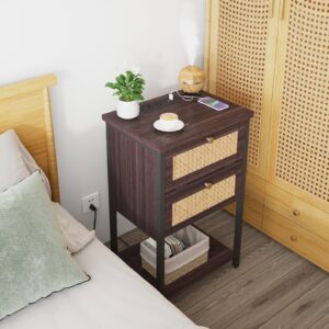 End Table with Charging Station, 2 Tier Rattan Decorated Nightstand with USB Ports and Outlets, Bedside Table with Drawer, Modern Sofa Side Table for Bedroom, Living Room, Office, Cherry Red