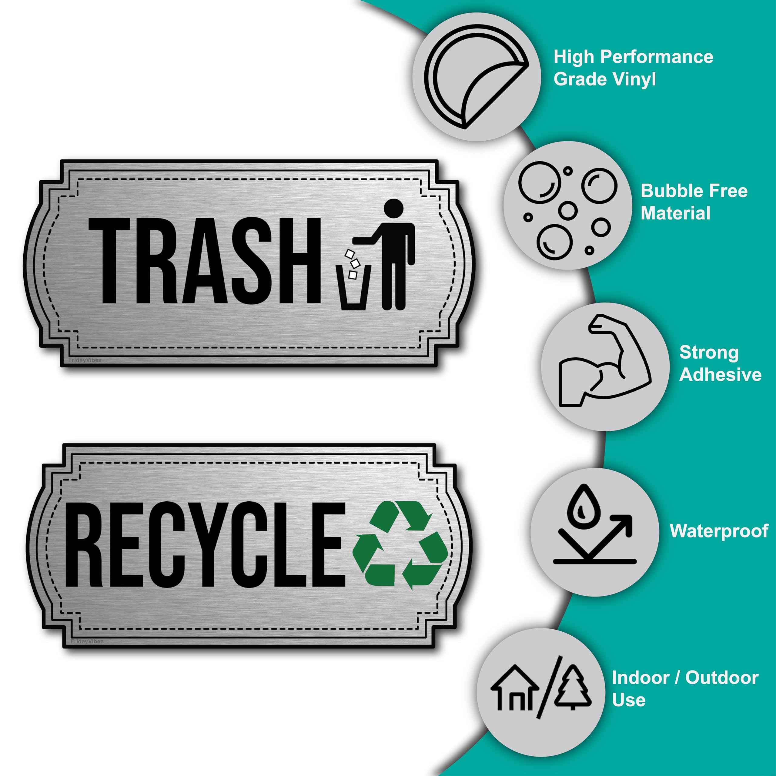 Recycle and Trash Stickers for Trash Cans - Stainless Steel Style Vinyl Recycling Bin Labels - 2 Pack - 6.5" by 3" Decals Logo - Waste Signs for Home Kitchen or Office Bins Indoor/Outdoor Use