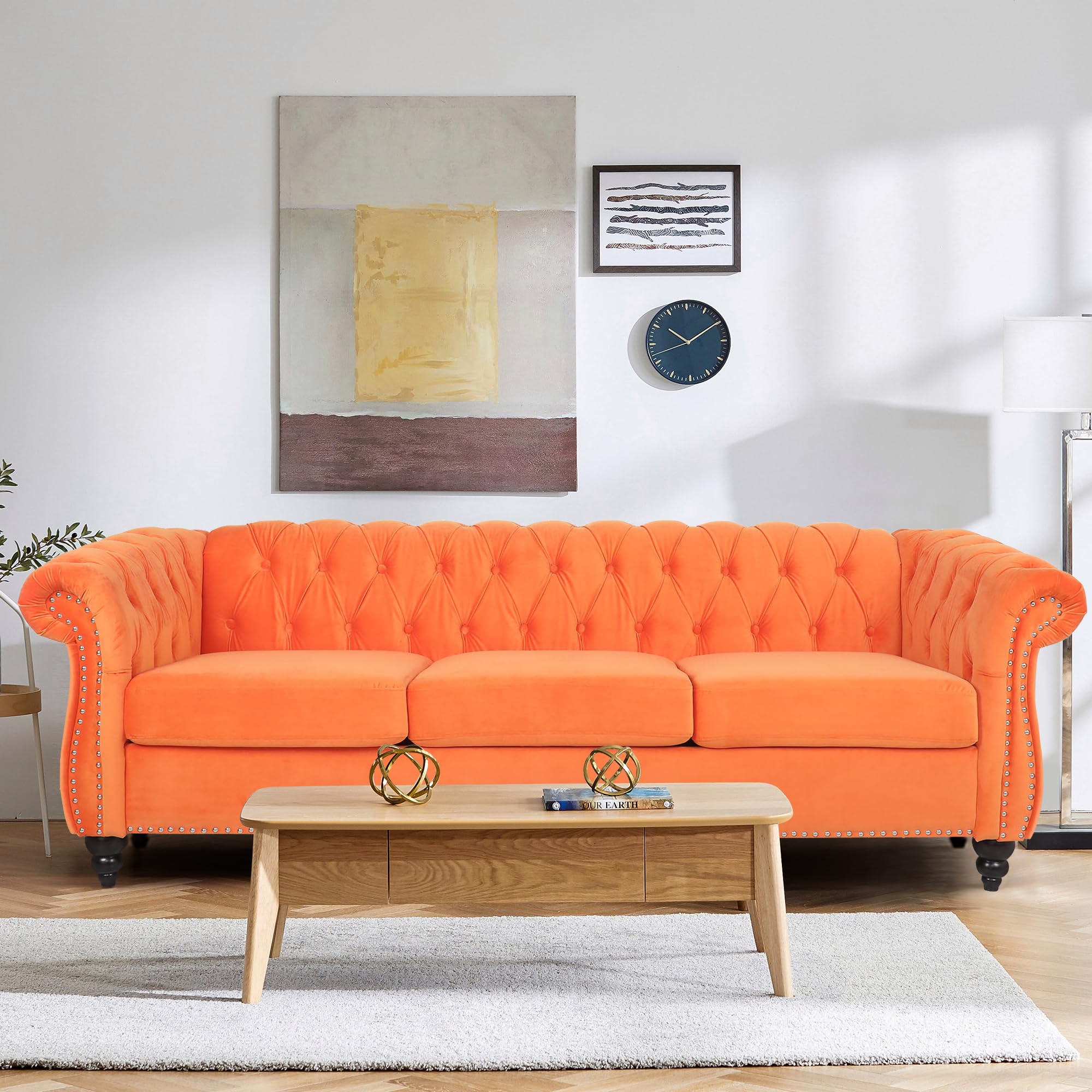 affeivul Tufted Velvet Sofas para Sala, Comfy Big Wide Deep Living Room Couch with Armrest, Mid Century Modern Sofa Couch for Bedroom,Office (Orange Velvet Couch, 3 Seater)