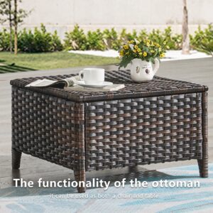 Rilyson Outdoor Ottoman Wicker Patio Ottomans - 2 Piece Footrest Footstools Set Rattan Outdoor Ottomans for Patio with Thick Cushions(Brown/Red)