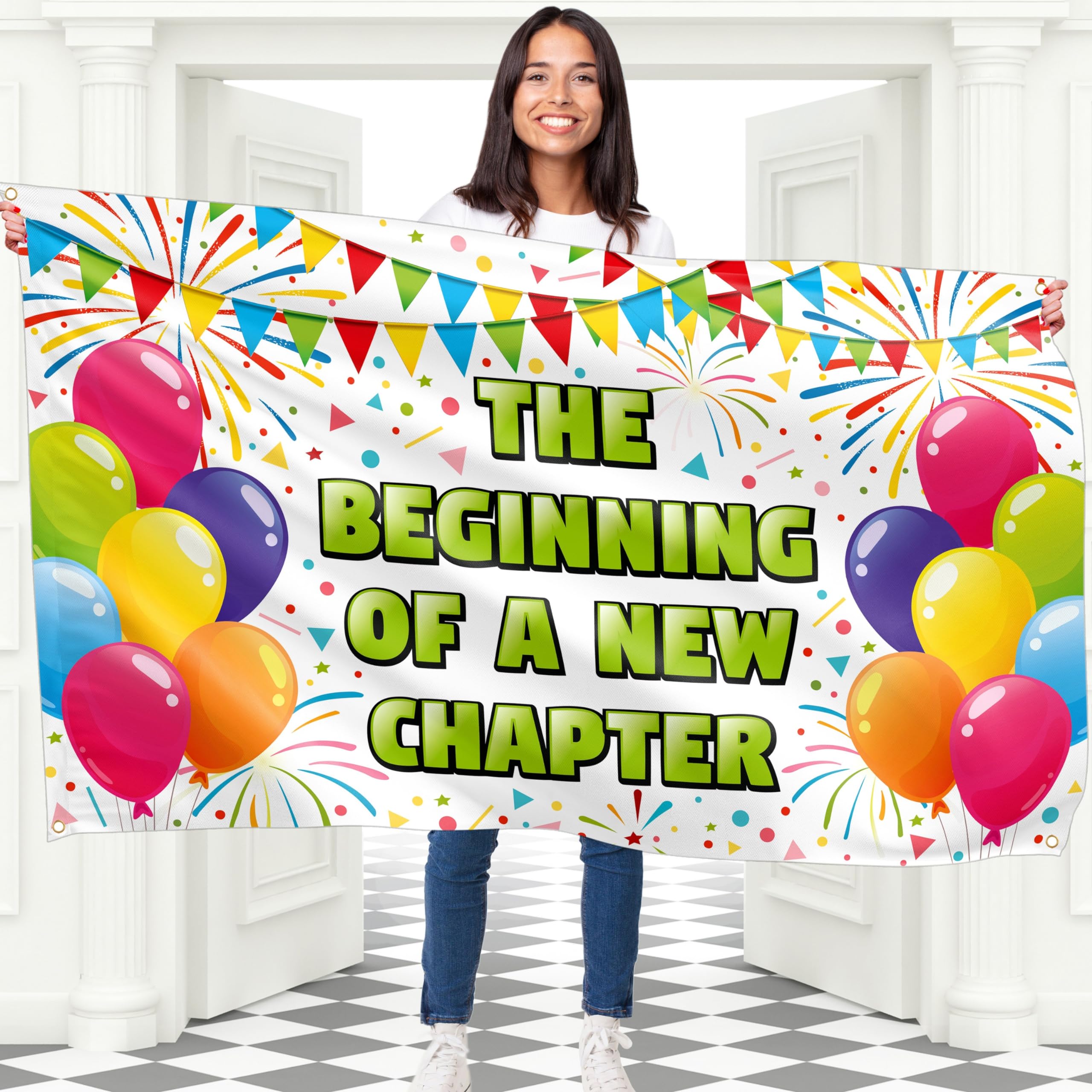 The Beginning of a New Chapter Banner - We Will Miss You Banner – Congratulations Banner – Happy Retirement Banner - Farewell Banner - Graduation Banner - 5ft x 3ft (White & Green)