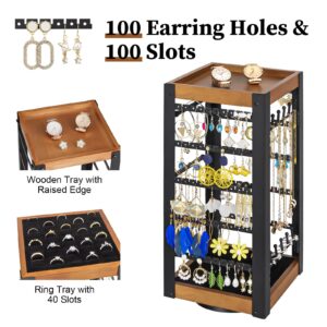 keomaisyto Rotating Earring Holder, Jewelry Holder Organizer with Ring Tray/Necklace/Bracelet Hooks, 360°Earring Organizer with Stable Bamboo Base for Jewelry Display (Patent Pending)