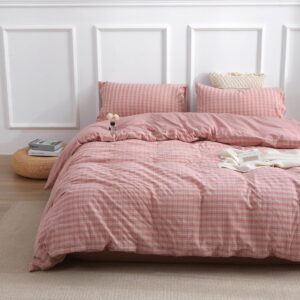 Generic All Season Washed Cotton Plaid & Gingham Duvet Cover Set - Soft, Durable Bedding in with Pillow Cases - Trendy, Versatile Bedroom Decor (Pink, Full/Queen)