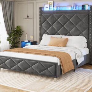 AOGLLATI Queen Bed Frame with Tall Storage Headboard, Bed Frame Queen Size with Charging Station,Upholstered Led Queen Size Bed Frame with Wooden Slats Support, No Box Spring Needed, Dark Gray