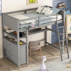 MERITLINE Twin Size Loft Bed with Desk and Dresser, Wooden Loft Bed with Storage Drawers and Shelves for Kids Teens Boys Girls,No Box Spring Needed,Grey