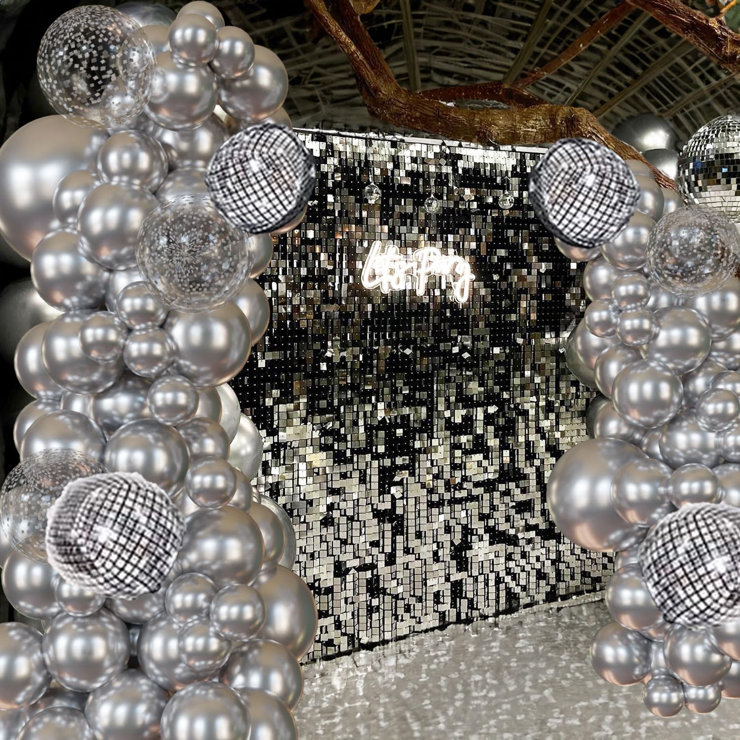 Disco Ball decorations 124Pcs Silver balloon Garland Metallic Silver Confetti balloon arch kit Chrome silver balloon for Disco party 50th 60th Birthday Graduation Galaxy Alien Party