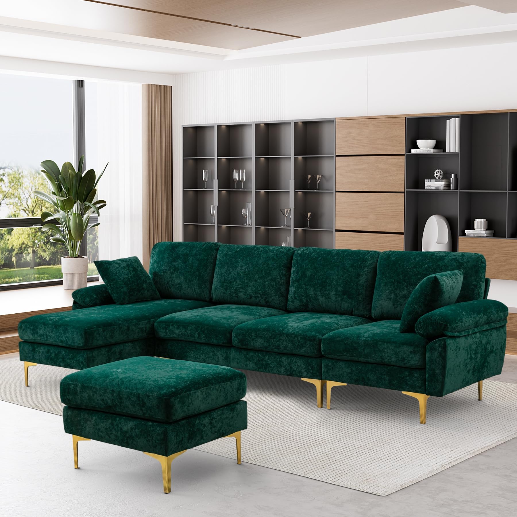 OUYESSIR U-Shaped Sectional Sofa Couch, 4 Seat Sofa Set for Living Room, Convertible L-Shaped Velvet Couch Set with Chaise Lounge, Ottoman and Pillows,114 inches (Emerald Green)