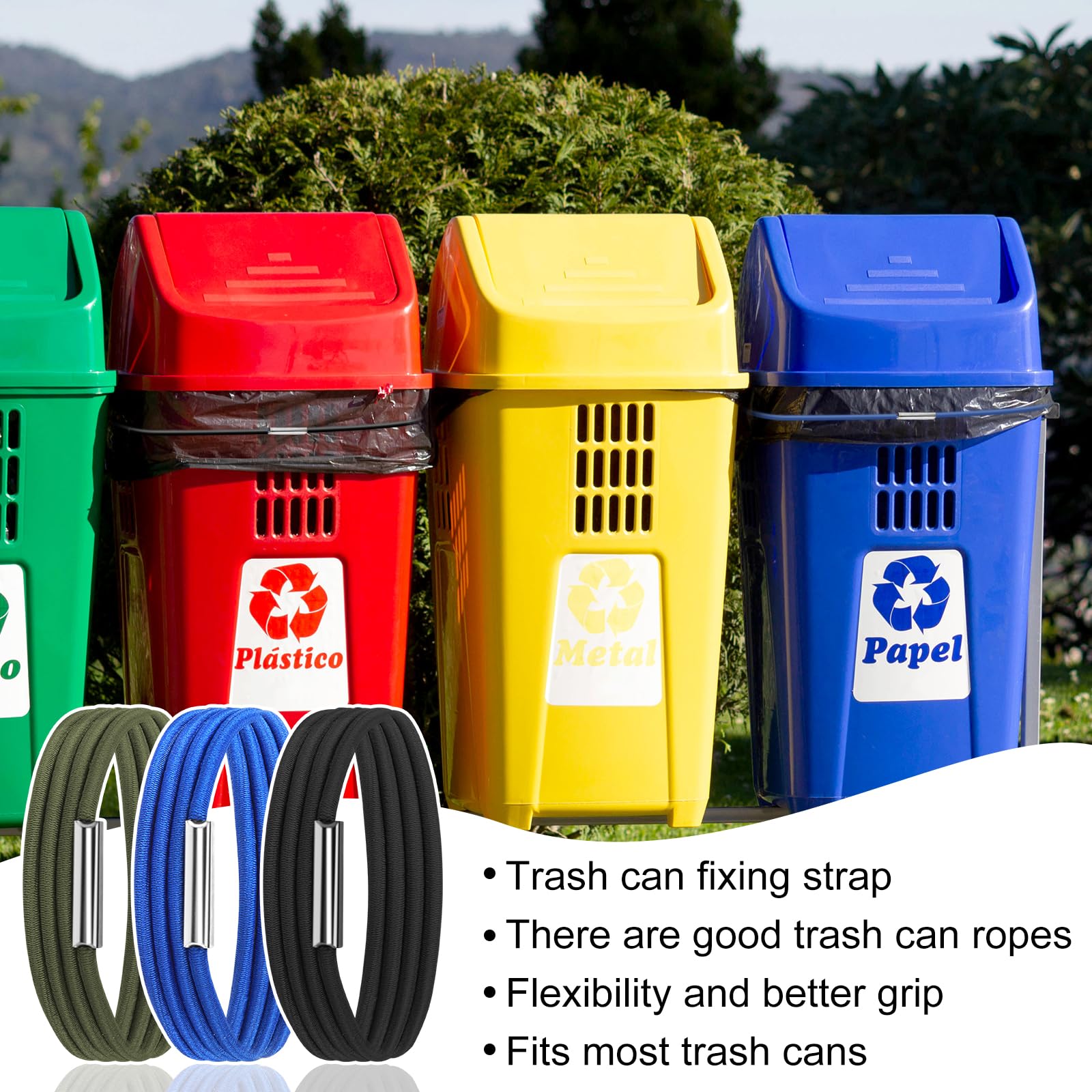 3 PCS Trash Can Rubber Bands, Trash Can Bands for 13 to 30 Gallon Trash Can Rubber Bands Set, Large Rubber Bands for Fixing and Tying Trash Cans in Kitchens, Bathrooms (Black, Blue, Green)