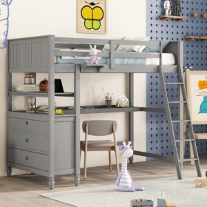 meritline twin size loft bed with desk and dresser, wooden loft bed with storage drawers and shelves for kids teens boys girls,no box spring needed,grey