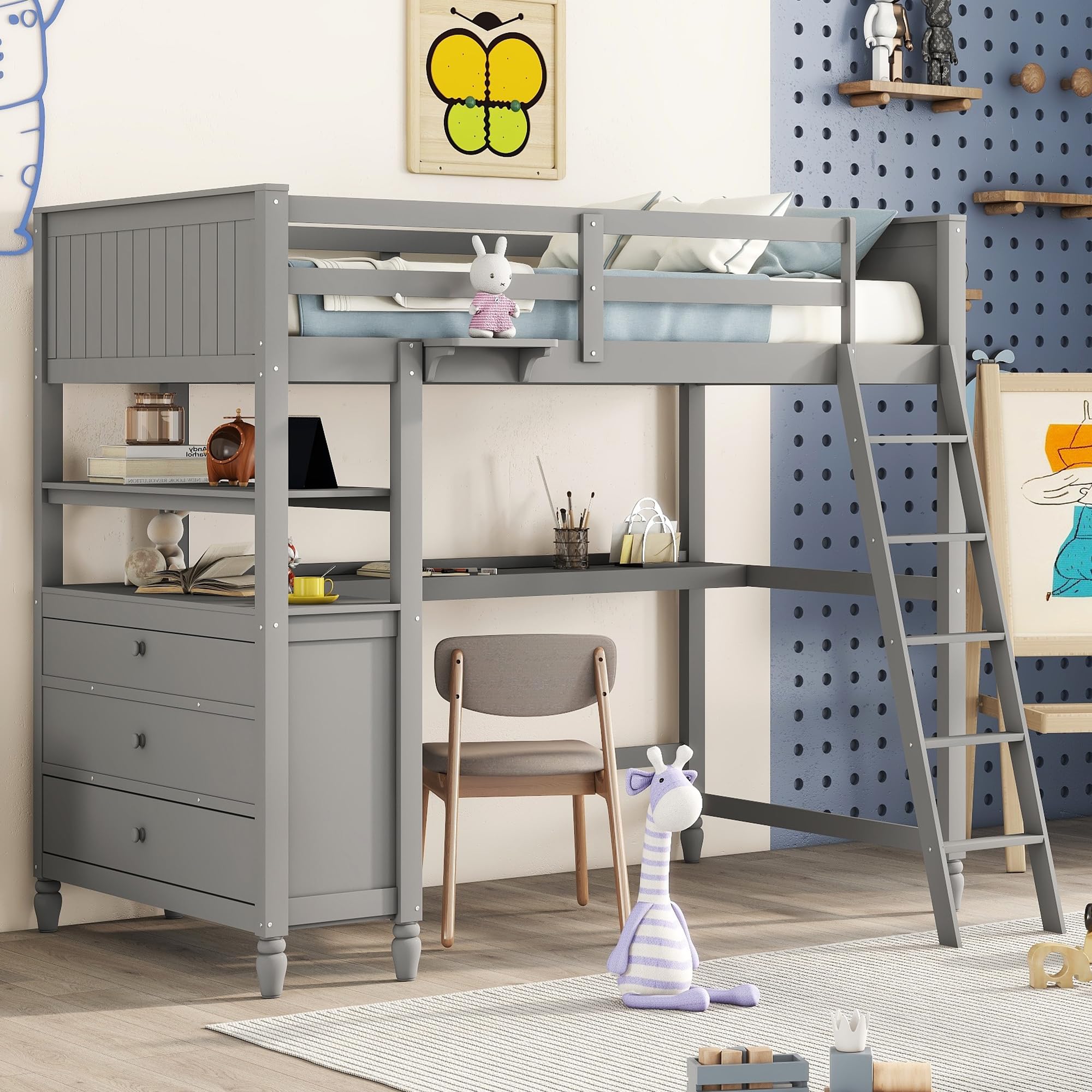 MERITLINE Twin Size Loft Bed with Desk and Dresser, Wooden Loft Bed with Storage Drawers and Shelves for Kids Teens Boys Girls,No Box Spring Needed,Grey