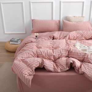 Generic All Season Washed Cotton Plaid & Gingham Duvet Cover Set - Soft, Durable Bedding in with Pillow Cases - Trendy, Versatile Bedroom Decor (Pink, Full/Queen)