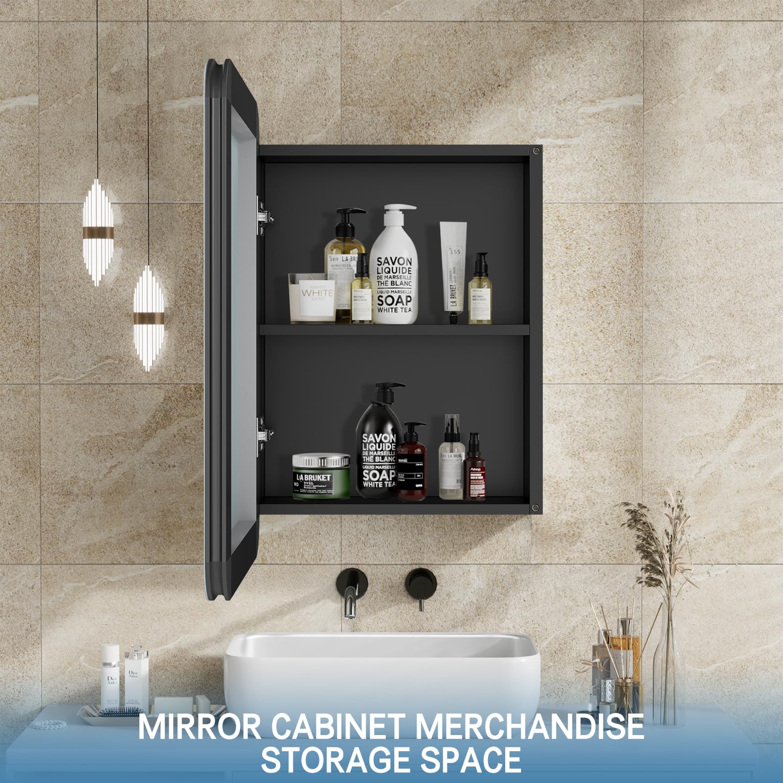 LALAHOO 24x16 Inch Bathroom Medicine Cabinet Black Aluminium Profiles Wall Mounted Bathroom Medicine Cabinet or Recessed Mirror Cabinet Rounded Rectangle Bathroom Medicine Cabinet