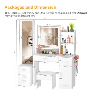 INTERGREAT Makeup Vanity Desk with Lights and Full-Length Mirror, White Vanity Table Set with 3 Lighting Modes, Dressing Table with Drawers, Large Vanity Desk for Women and Girls' Bedroom