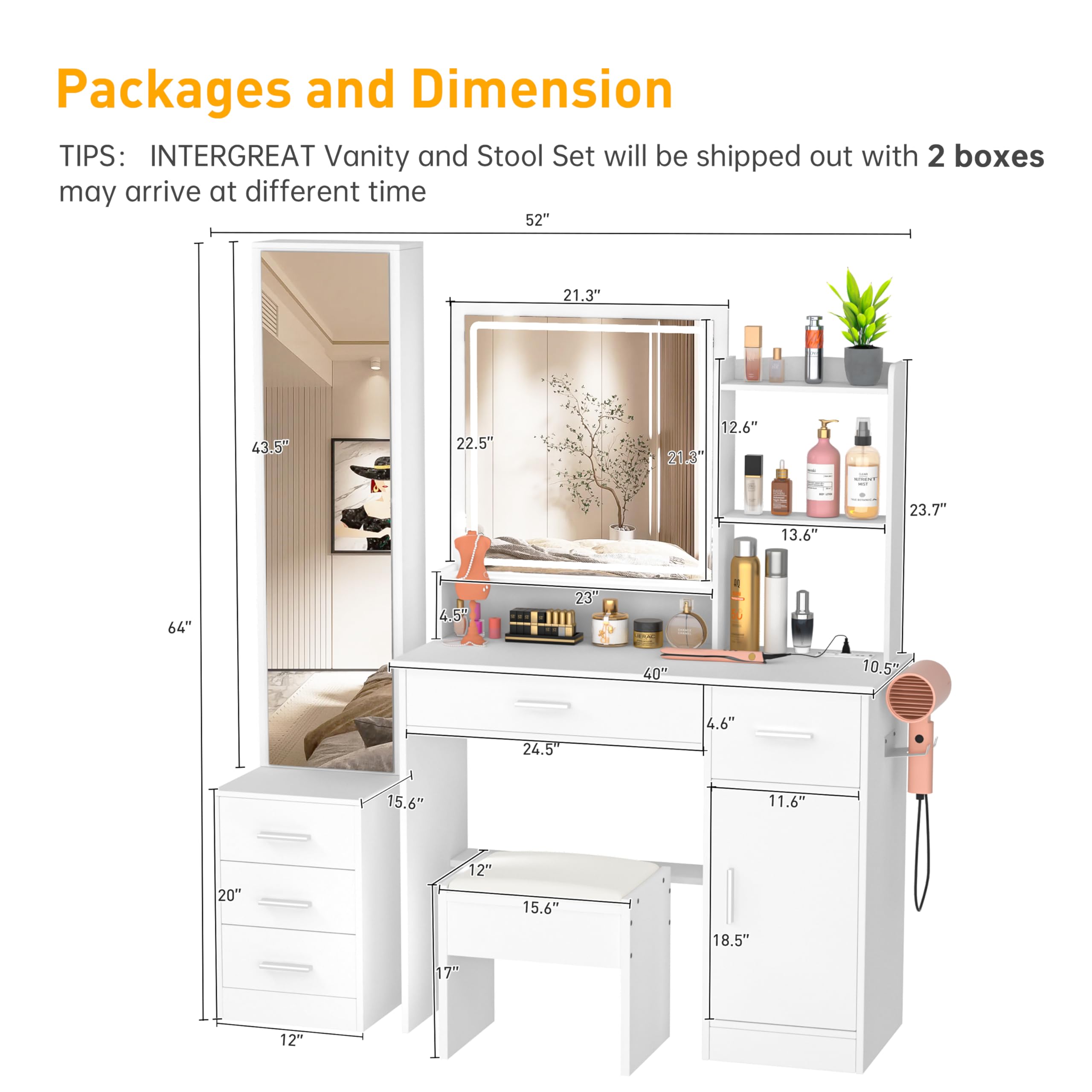 INTERGREAT Makeup Vanity Desk with Lights and Full-Length Mirror, White Vanity Table Set with 3 Lighting Modes, Dressing Table with Drawers, Large Vanity Desk for Women and Girls' Bedroom