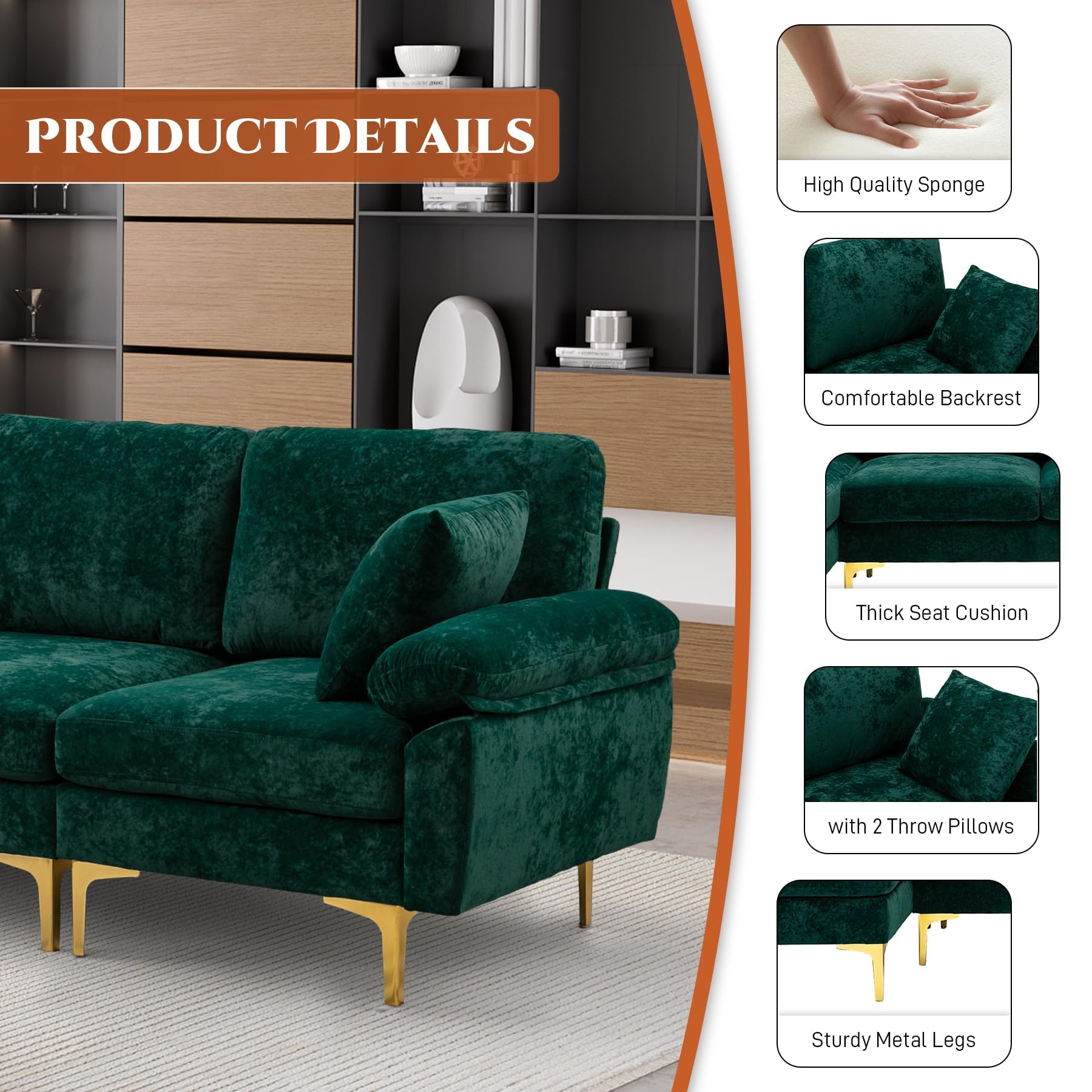 OUYESSIR U-Shaped Sectional Sofa Couch, 4 Seat Sofa Set for Living Room, Convertible L-Shaped Velvet Couch Set with Chaise Lounge, Ottoman and Pillows,114 inches (Emerald Green)