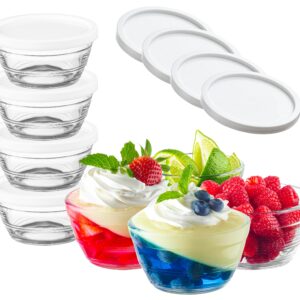 16pc Set of Small Glass Bowls with Airtight Lids - 8oz Stackable Custard Cups - 8 Clear Mise en Place Food Prep Bouillon Cups & Mixing Bowls + 8 Lids for Sauces Dips, Nuts Oats, Candy Dessert, Cereal.