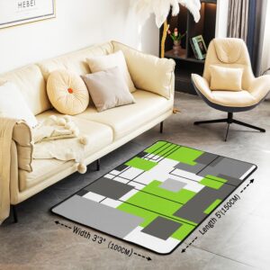 Erosebridal Lime Green Gray Geometric Carpet Black Grey White Geometry Square Area Rug 3x5 for Kids Boys Girls Abstract Striped Rug Simple Lines Modern Non Shedding Decorative Rug