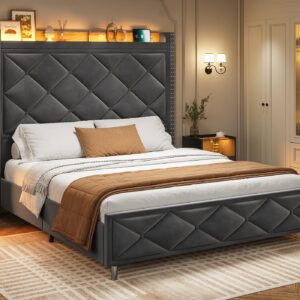 AOGLLATI Queen Bed Frame with Tall Storage Headboard, Bed Frame Queen Size with Charging Station,Upholstered Led Queen Size Bed Frame with Wooden Slats Support, No Box Spring Needed, Dark Gray