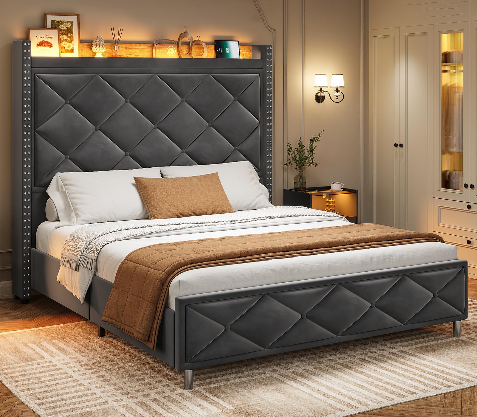 AOGLLATI Queen Bed Frame with Tall Storage Headboard, Bed Frame Queen Size with Charging Station,Upholstered Led Queen Size Bed Frame with Wooden Slats Support, No Box Spring Needed, Dark Gray