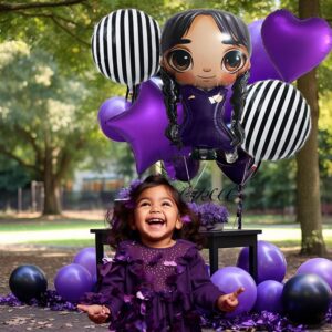 31" Gothic Cartoon Girl & Mixed Gothic Balloons Set: 5pcs Foil Balloons Black Striped, Star, and Heart Purple Balloons for Mysterious Character theme Party, Birthday, Halloween, and Costume Parties