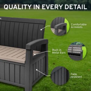 EconoHome 3 Seat Outdoor Storage Bench - 90 Gallon Capacity - Weatherproof Resin Bench for Patio, Porch, Garden, Yard, Pool Area - Furniture for Pool Accessories, Gardening Tools, Toys