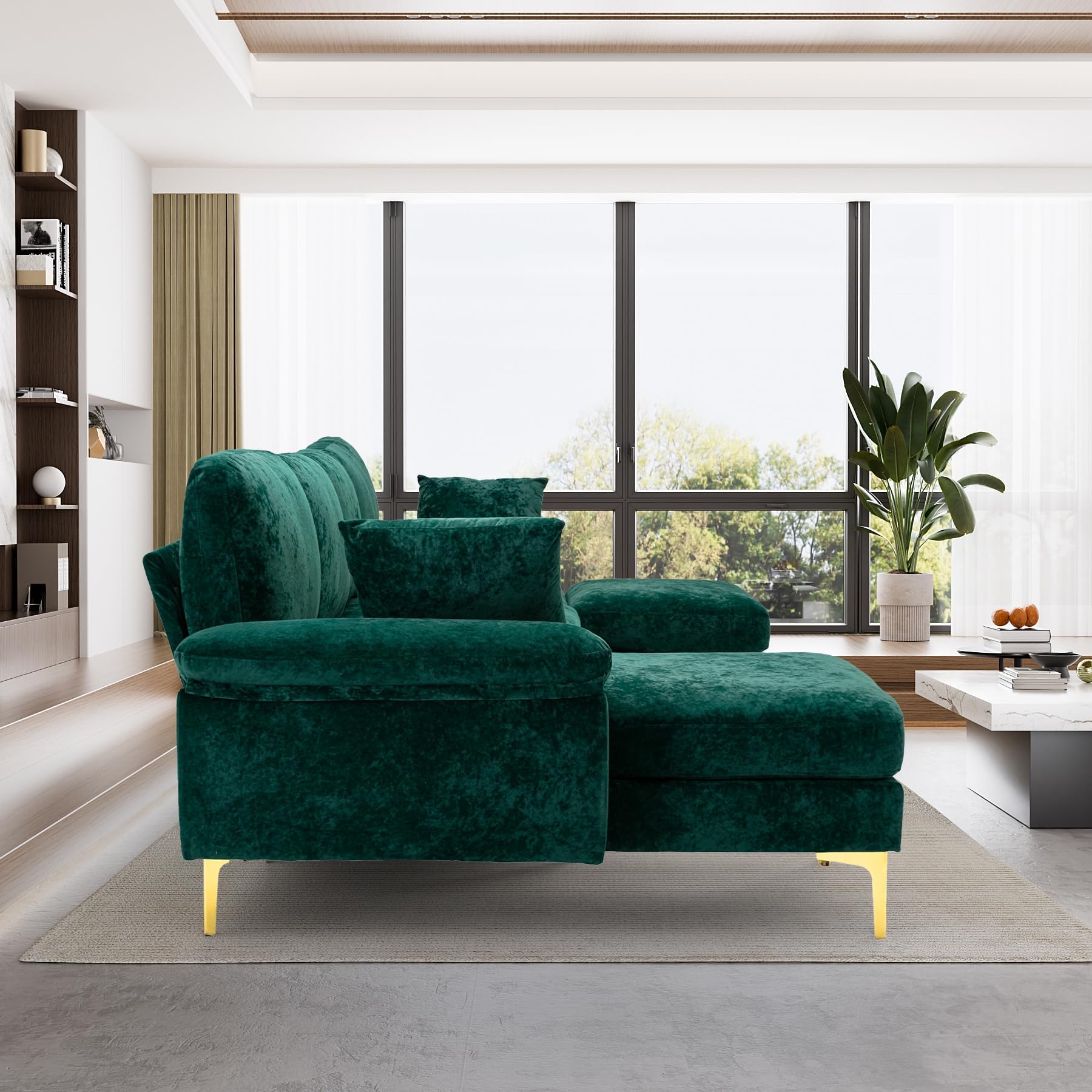 OUYESSIR U-Shaped Sectional Sofa Couch, 4 Seat Sofa Set for Living Room, Convertible L-Shaped Velvet Couch Set with Chaise Lounge, Ottoman and Pillows,114 inches (Emerald Green)