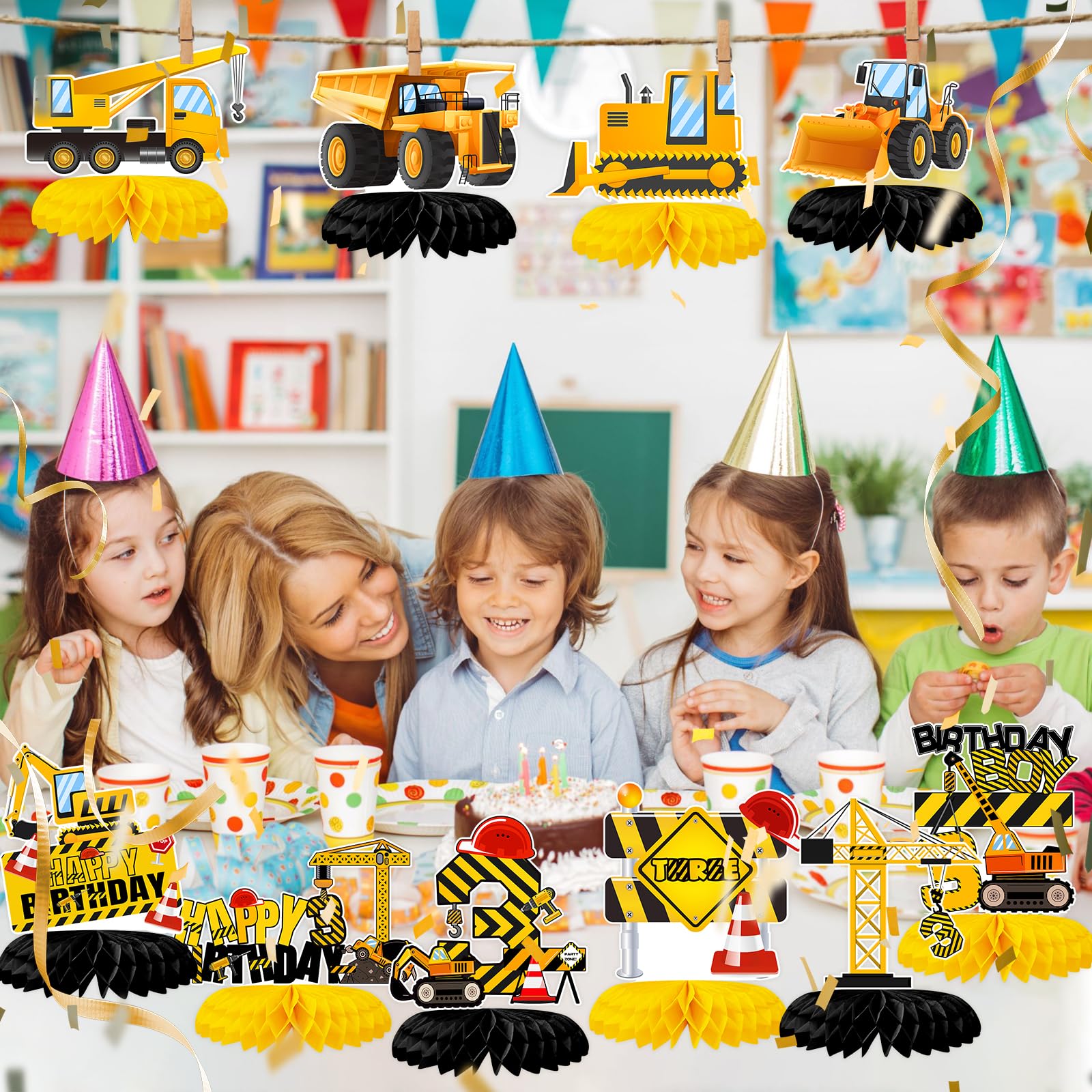 10Pcs Construction Honeycomb Centerpieces 3rd Birthday Party Decor for Boys,Dump Truck Car Cone Construction Zone Theme 3 Year Old Birthday Table Centerpieces Baby Shower Party Supplies Decorations