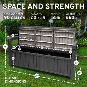 EconoHome 3 Seat Outdoor Storage Bench - 90 Gallon Capacity - Weatherproof Resin Bench for Patio, Porch, Garden, Yard, Pool Area - Furniture for Pool Accessories, Gardening Tools, Toys