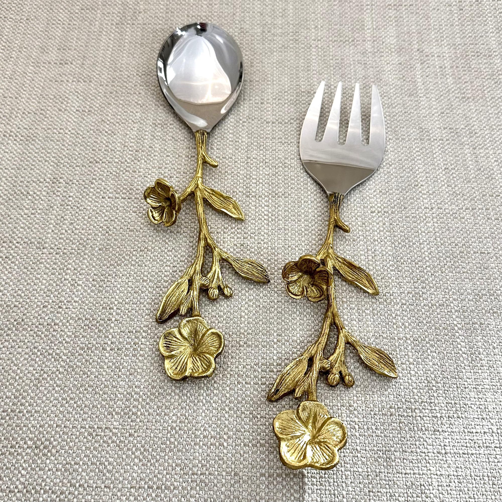 India Handicrafts Flourishing Florals Spoon Fork, Antiqued Gold/Silver Tone 11.5 Inch Stainless Steel Salad Server Set, 75080