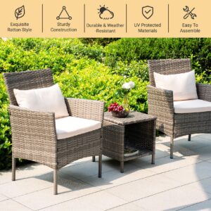 Tappio 3 Piece Patio Conversation Bistro Set, Porch Balcony Furniture Set Outdoor Chat Furniture, Wicker Chairs and Storable Table Set for Yard Balcony Backyard Apartment, Gray/Beige