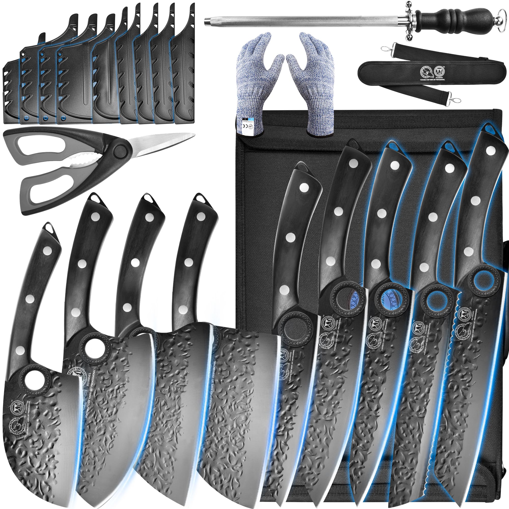 XYJ Professional Black Kitchen Knife Set with High-Carbon Steel Forged Blades, Chef's Knife, Cleaver, Carving Knife, Nakiri, Full Tang Design, Includes Carrying Bag & Poultry Scissors,Christmas Gifts