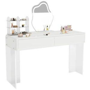 little tree computer desk with acrylic legs, home office desk with 2 drawers, modern white desk with storage, makeup vanity desk for bedroom