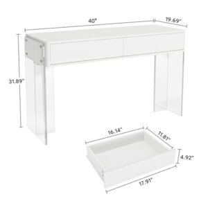 LITTLE TREE Computer Desk with Acrylic Legs, Home Office Desk with 2 Drawers, Modern White Desk with Storage, Makeup Vanity Desk for Bedroom