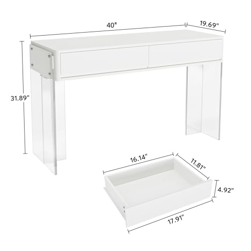 LITTLE TREE Computer Desk with Acrylic Legs, Home Office Desk with 2 Drawers, Modern White Desk with Storage, Makeup Vanity Desk for Bedroom