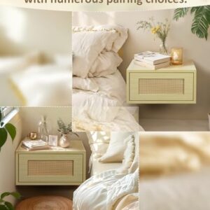 SUMGAR Floating Nightstand Set of 2 Rattan Boho Bedside Table Organiser Shelf Wall Mounted Pair of Beige Storage Display Wood Small Furniture for Bedroom Home Decor