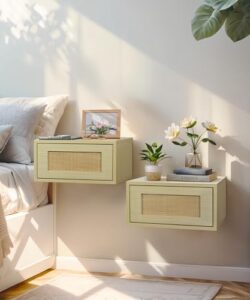 sumgar floating nightstand set of 2 rattan boho bedside table organiser shelf wall mounted pair of beige storage display wood small furniture for bedroom home decor