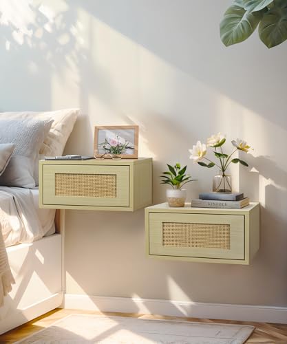 SUMGAR Floating Nightstand Set of 2 Rattan Boho Bedside Table Organiser Shelf Wall Mounted Pair of Beige Storage Display Wood Small Furniture for Bedroom Home Decor