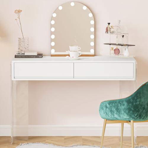 LITTLE TREE Computer Desk with Acrylic Legs, Home Office Desk with 2 Drawers, Modern White Desk with Storage, Makeup Vanity Desk for Bedroom