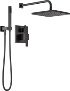 delta faucet modern raincan 2-setting square shower system including rain shower head and handheld spray black, rainfall shower system brushed black, shower valve trim kit, matte black 342701-bl